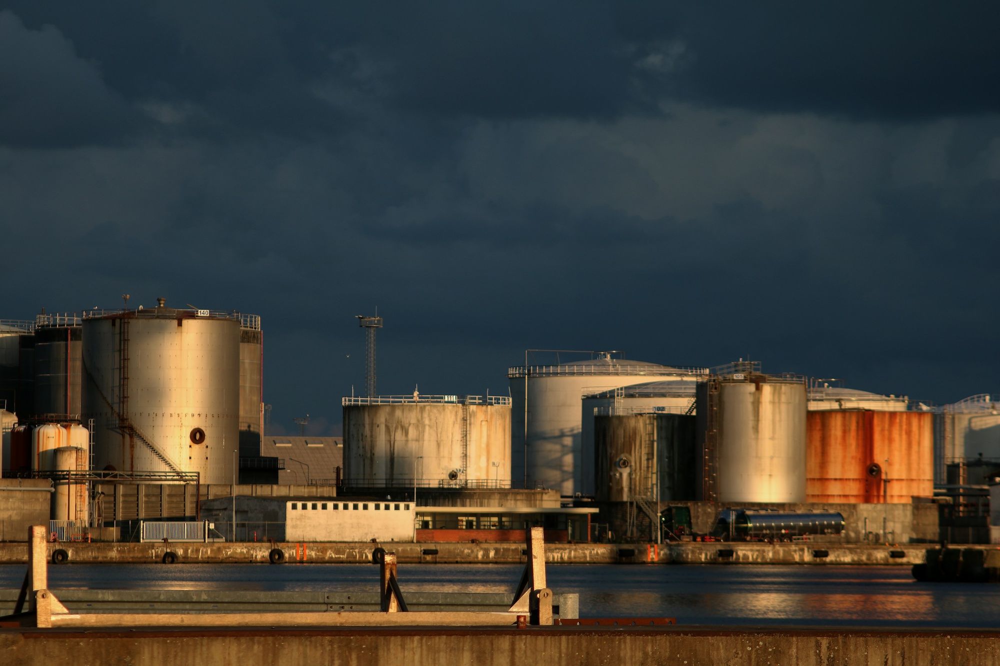 Fuel storage tanks at dusk