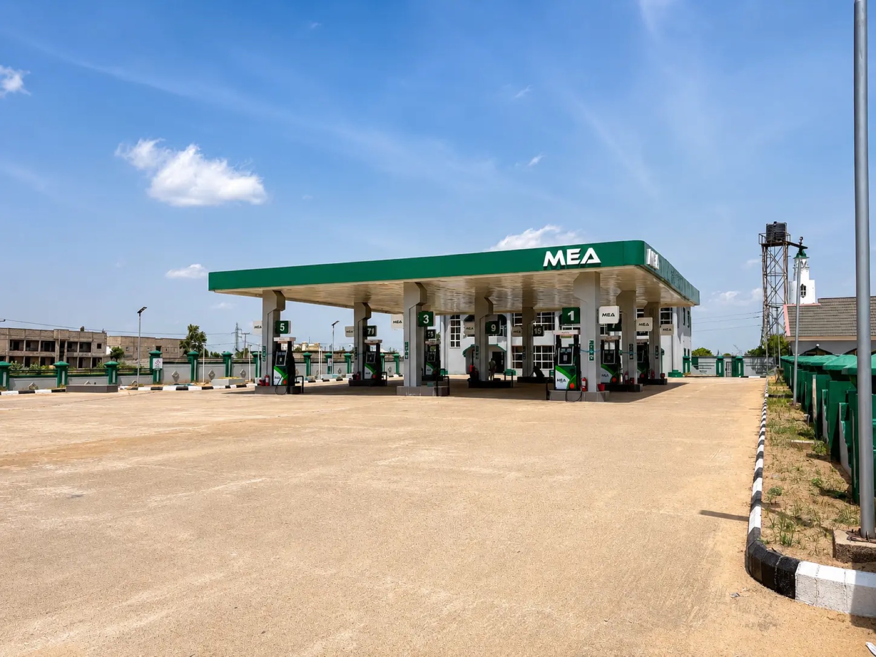 An MEA station forecourt in the sun