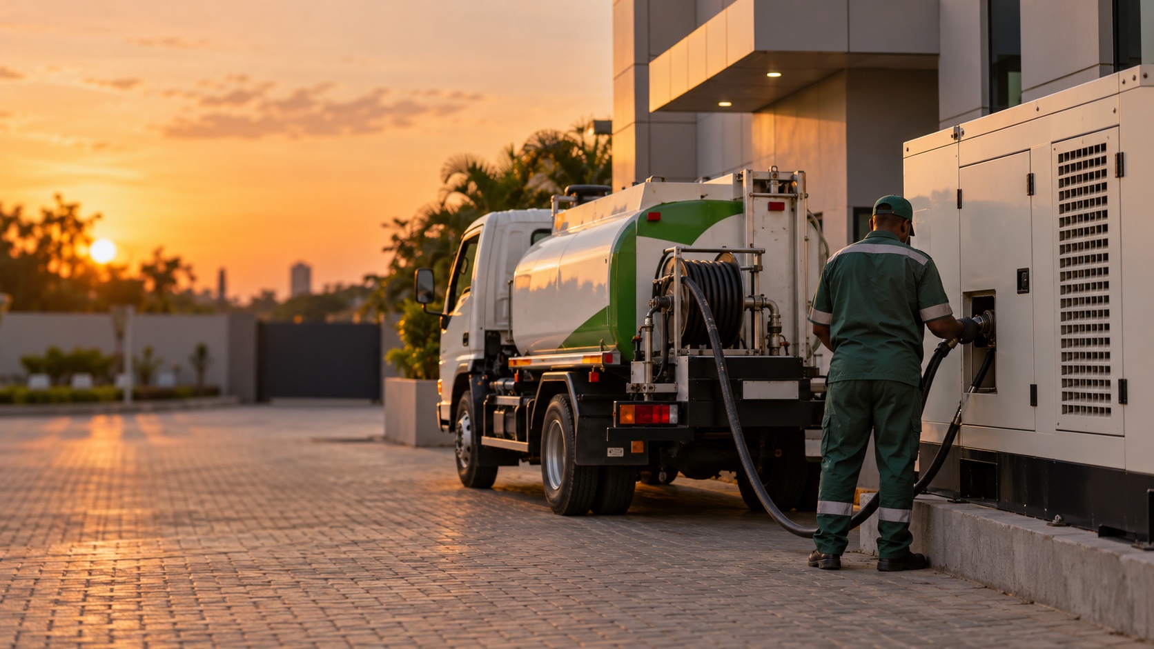 A fuel tanker serving a site at sunset