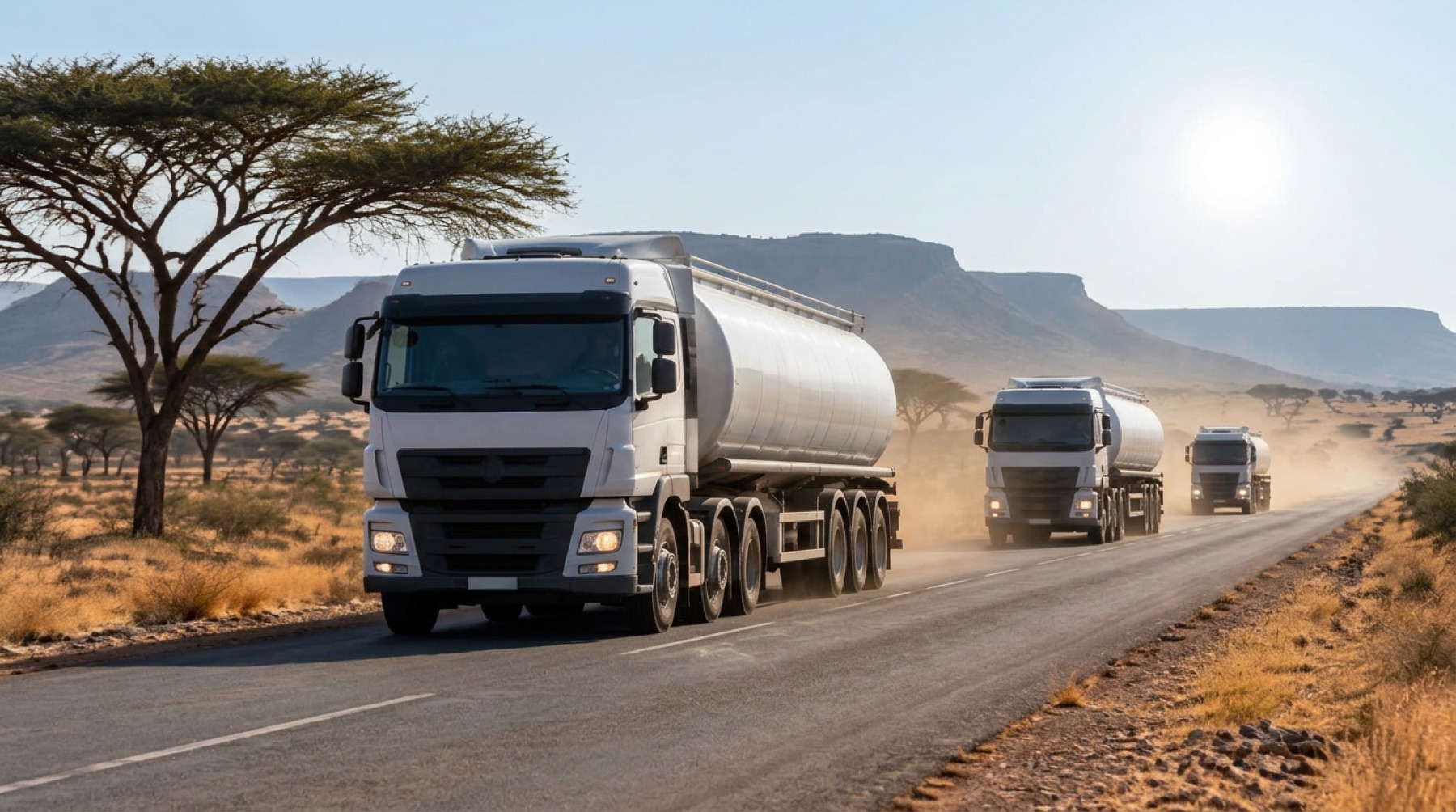 Three MEA tanker trucks on a Sahel road