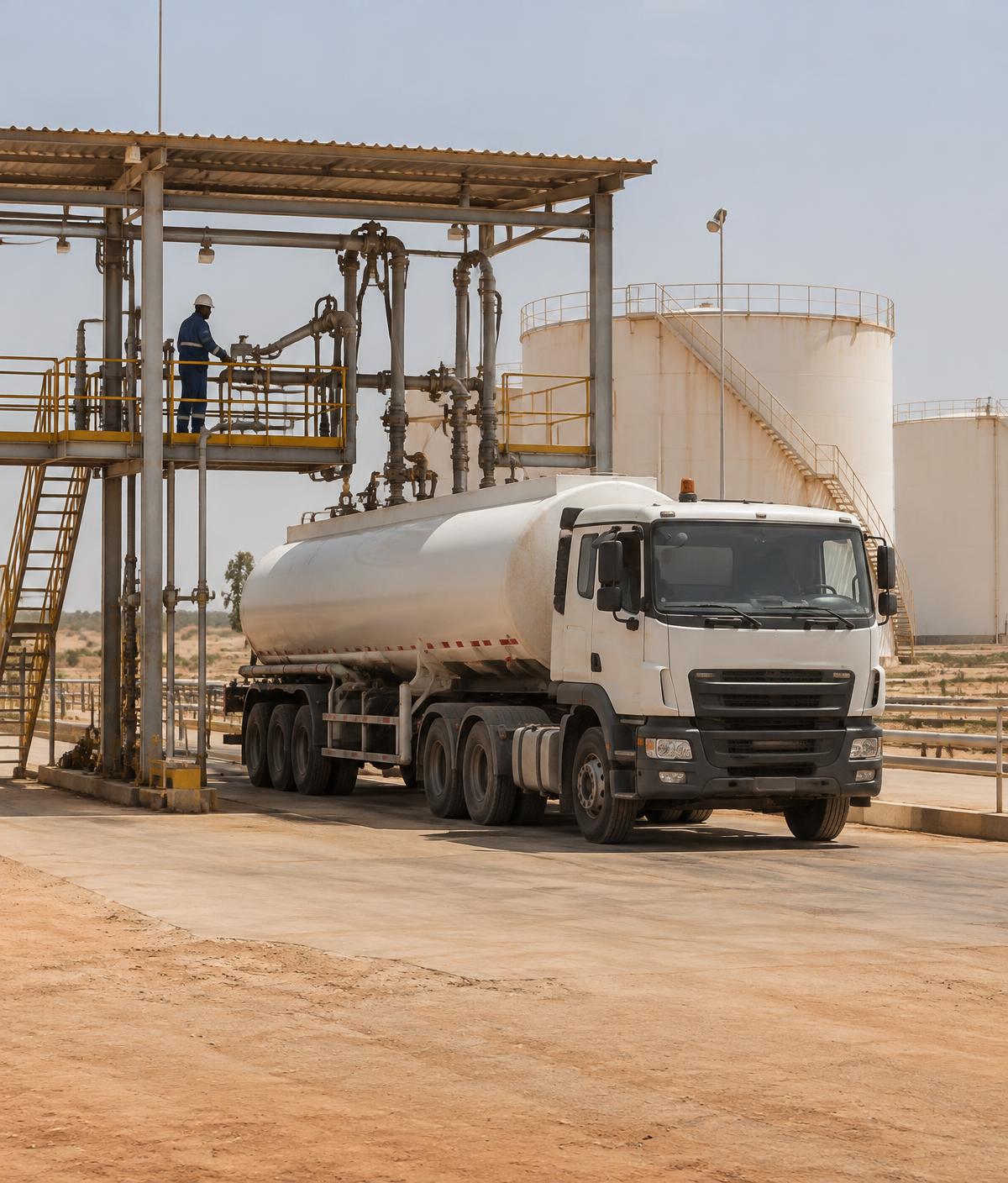 A fuel tanker loading at an inland depot