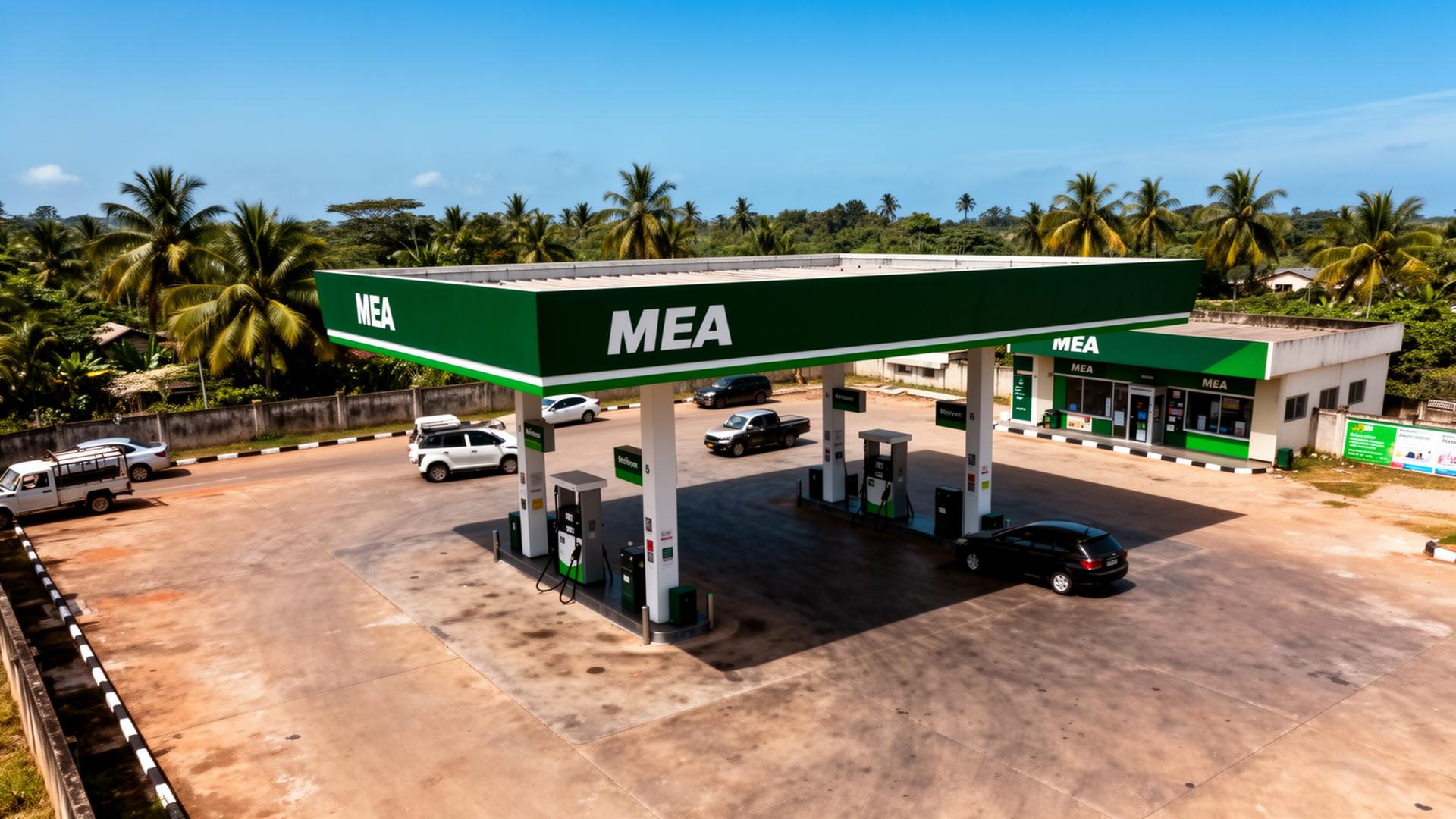 Overhead view of an MEA-branded service station forecourt in Nigeria